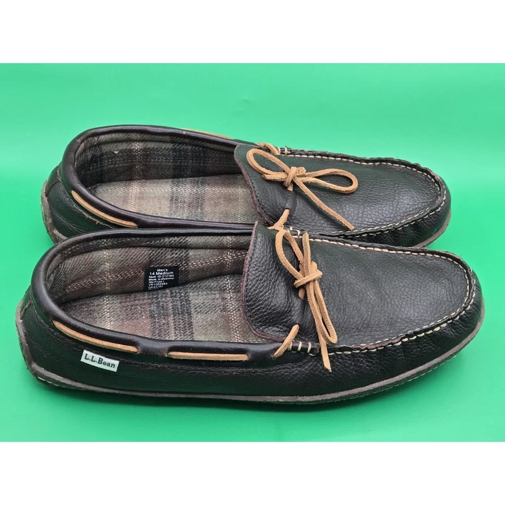 LL Bean Mens 14 Leather Moccasin Flannel Lined Slippers Loafer Shoe 212164 Brown